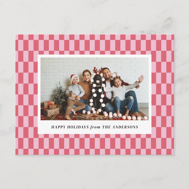 Cheery Pink Red Checkers Tarjeta de Navidades de v (Anverso)