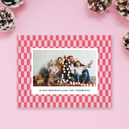 Cheery Pink Red Checkers Tarjeta de Navidades de v