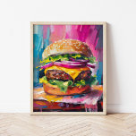 Cheeseburger Colorful Moderno Resumen Arte<br><div class="desc">Una divertida y divertida pintura de arte moderno de una hamburguesa de queso cargada gigante. La obra de arte cobra vida con pinceles texturados y abstractos en colores vivos como rosa, azul y amarillo. El uso audaz del color y la escala exagerada le confieren a la hamburguesa de queso un...</div>