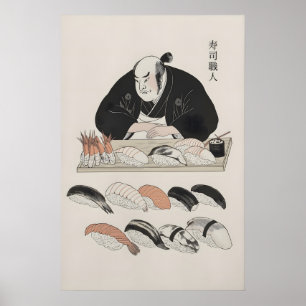 Chef japonés tradicional y arte de sushi variado