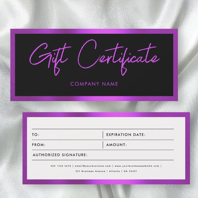Cheque de certificado de regalo para empresas de c (Metallic Purple Business Gift Certificate Voucher)