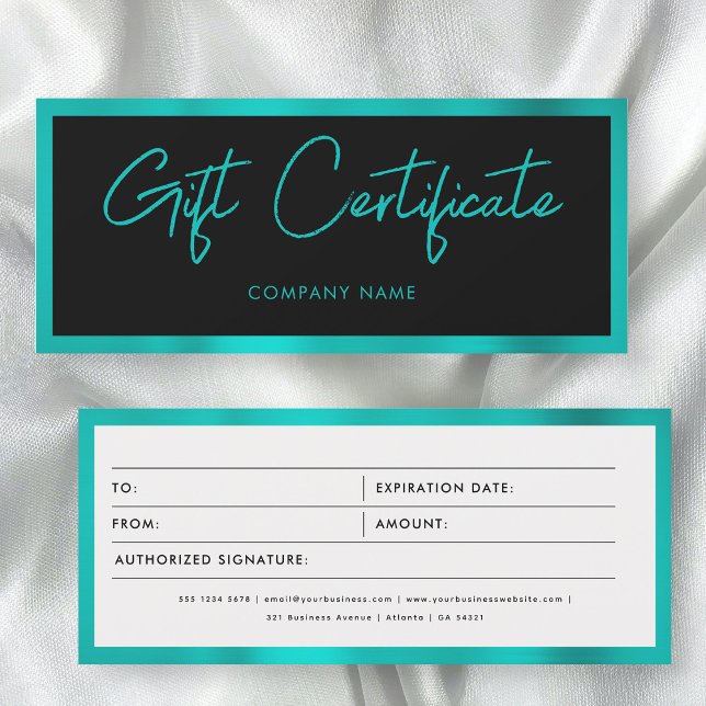 Cheque de certificado de regalo Verde azulado para (Metallic Teal Business Gift Certificate Voucher)