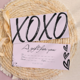 Cheque moderno de tarjeta de regalo XOXO negro y r