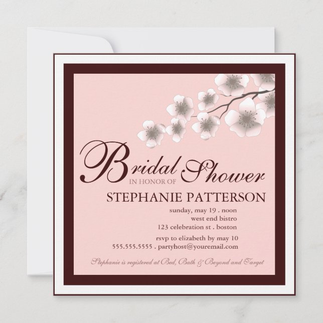 Cherry Blossom Bridal Shower Invitación PInk Brown (Anverso)