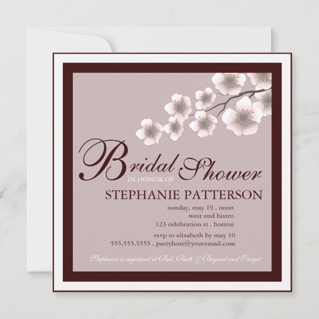 Cherry Blossom Bridal Shower Invitación Plum Brown (Anverso)