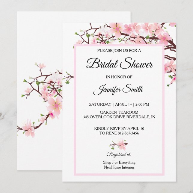 Cherry Blossom Bridal Shower Tarjeta Boda rosa (Anverso / Reverso)