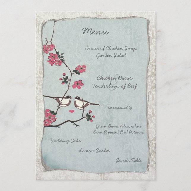 Cherry Blossom Chickadee Damask Wedding Menú (Anverso)