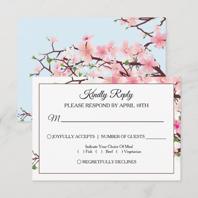 Cherry Blossom Pink Blue Wedding Tarjeta RSVP (Anverso / Reverso)