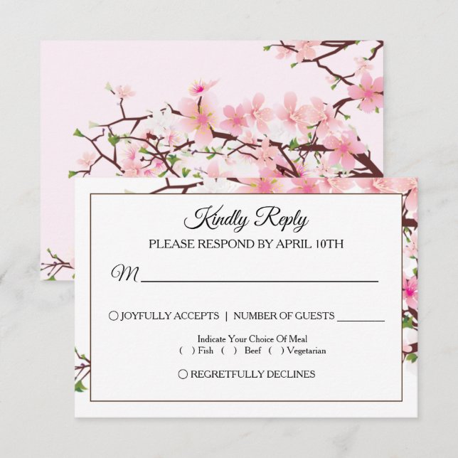 Cherry Blossom Pink White Wedding Tarjeta RSVP (Anverso / Reverso)