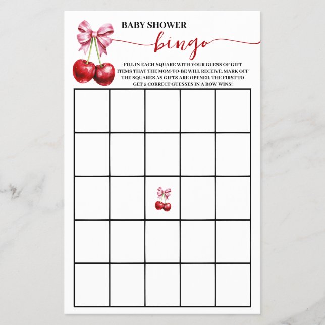 Cherry Coquette Baby Shower Bingo Game Card Flyer (Frente)