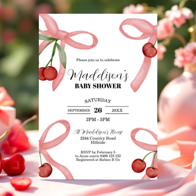Cherry Coquette Bows Invitación Baby Shower (Cherry Baby Shower Invitation. Coquette Baby Shower Invitation Cherries and Bows Baby Shower Invite)