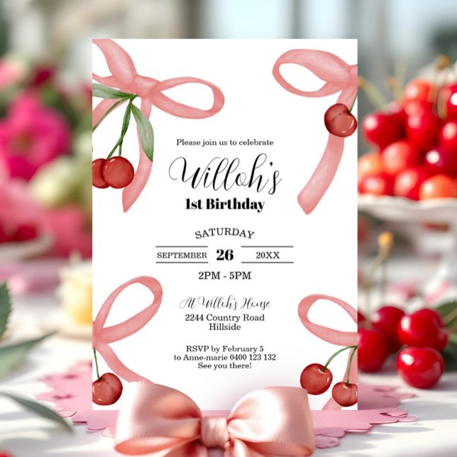 Cherry Coquette Bows Invitación de cumpleaños (Coquette Cherry 1st Birthday Invitation Cherry Birthday Invitation Bows and Cherries)