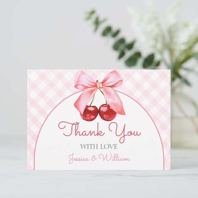 Cherry Pink Bow Baby Shower Tarjeta de agradecimie (Anverso de pie)