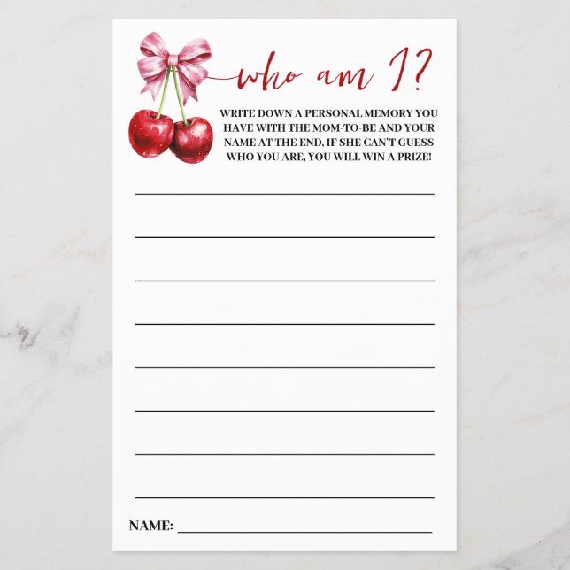 Cherry Who Soy I Baby Shower Game Card Flyer (Frente)