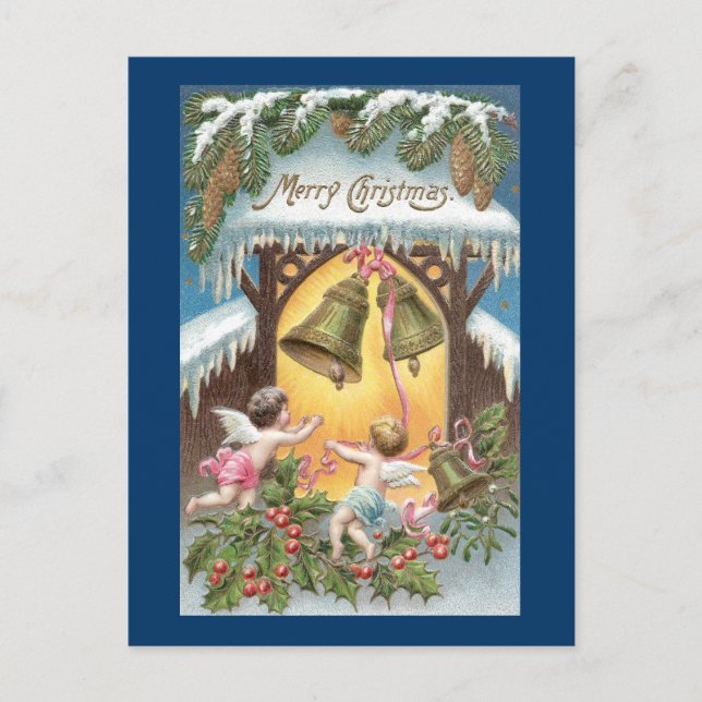 Cherubs colgando campanas Navidad vintage (Anverso)