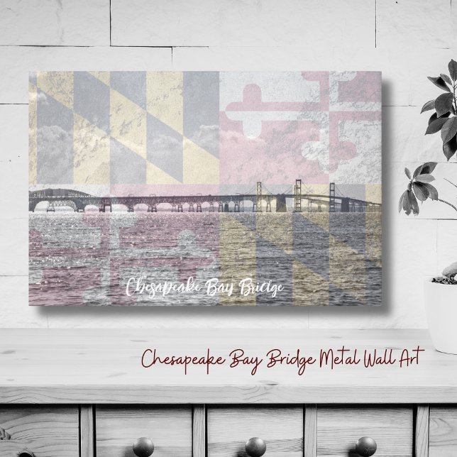 Chesapeake Bay Bridge Maryland Flag arte mural Met (Add a splash of Maryland to your walls with this personalized Metal Wall Art!)
