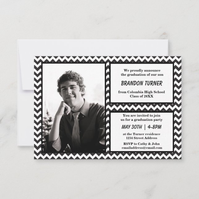 Chevron blanco/negro con foto-3x5 grado Invitación (Anverso)