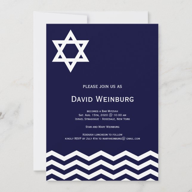 Chevron Blue Star Bar Mitzvah Invitación (Anverso)