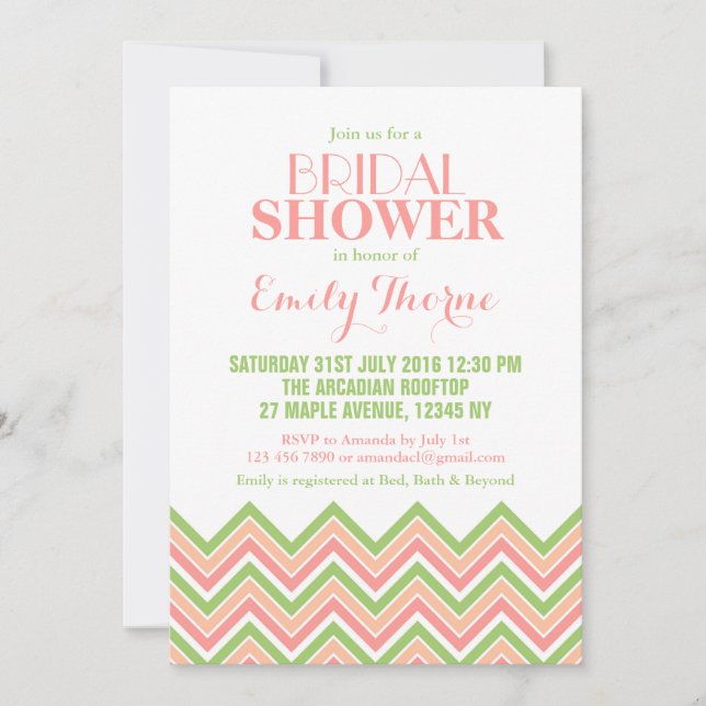 Chevron Bridal Shower Invitación Verde Rosa Blanco (Anverso)