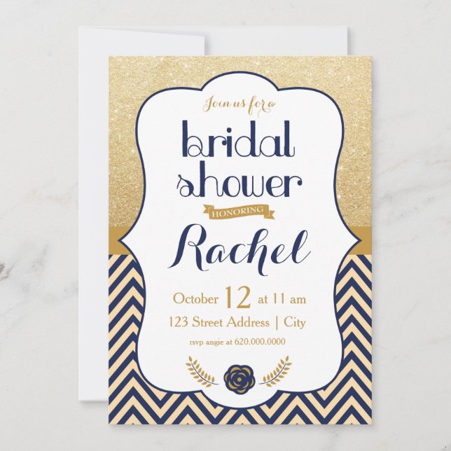 Chevron de oro azul - Invitación a ducha de novia (Anverso)