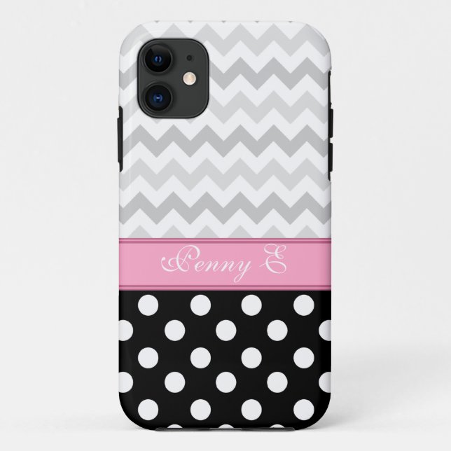 Chevron Gris Polka Negro Punto Rosa iPhone 5 Funda (Reverso)