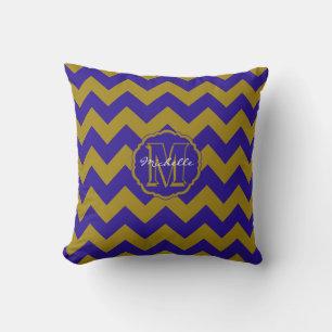 Chevron Monograma SC, almohada cuadrada de oro azu