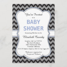 Chevron negro y gris, invitación azul a Baby Showe