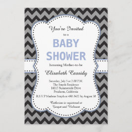 Chevron negro y gris, invitación azul a Baby Showe