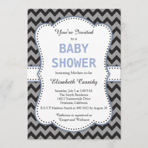 Chevron negro y gris, invitación azul a Baby Showe