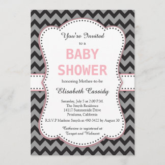 Chevron negro y gris, invitación rosa a Baby Showe