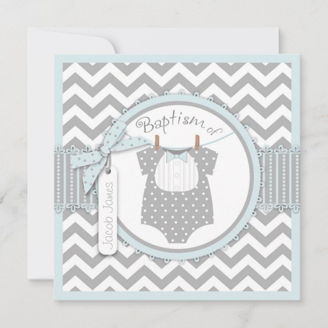Chevron Print & Bow Tie Baptism Invitación SQ-BLGY (Anverso)
