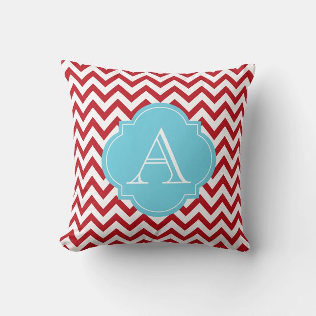Chevron rojo y blanco raya la almohada azul del (Anverso)
