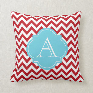 Chevron rojo y blanco raya la almohada azul del