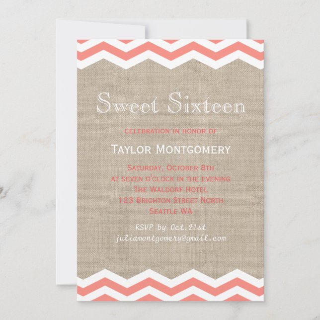 Chevrons de Coral en Burlap Sweet 16 invitaciones (Anverso)