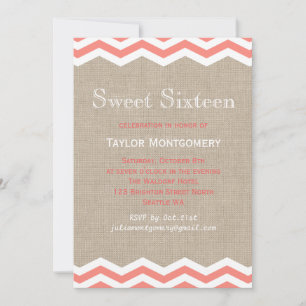 Chevrons de Coral en Burlap Sweet 16 invitaciones