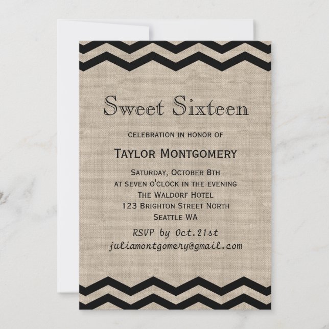 Chevrons negros en Burlap Sweet 16 invitaciones (Anverso)