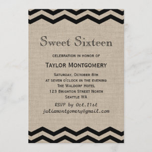 Chevrons negros en Burlap Sweet 16 invitaciones