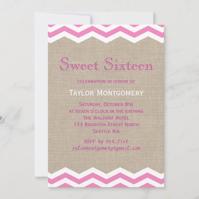 Chevrons rosados en burlap Sweet 16 invitaciones (Anverso)