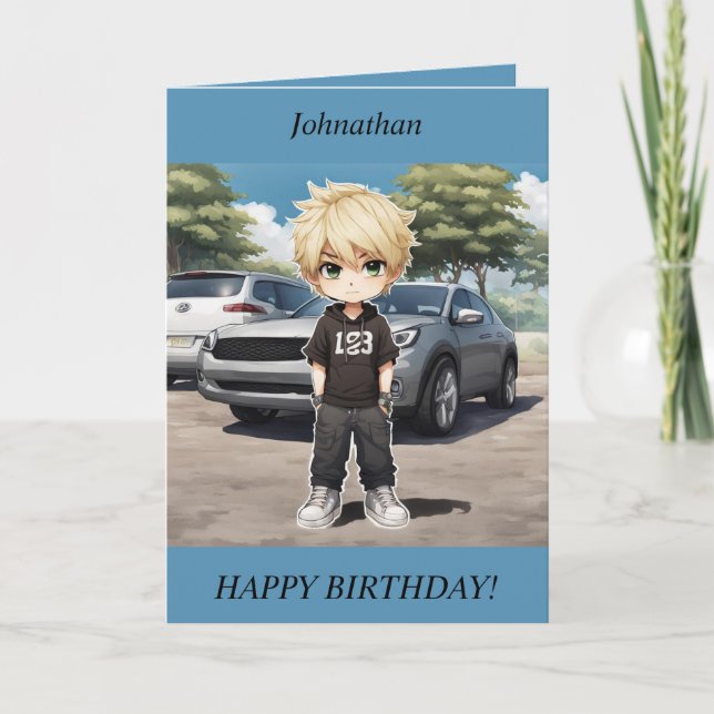Chibi Boy parada frente a un coche Tarjeta de cump (Anverso)