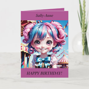 Chibi Chica pelo rosa/azul sonriente Tarjeta de cu