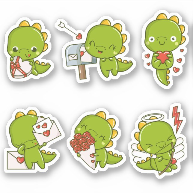 Chibi Cute Baby Dino Dinosaur Love Pegatinas (Anverso)