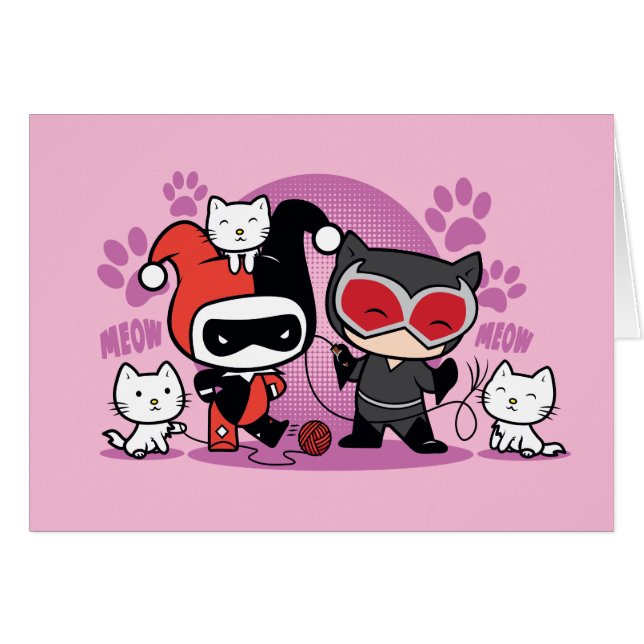 Chibi Harley Quinn & Chibi Catwoman Con Gatos (Anverso (Horizontal))