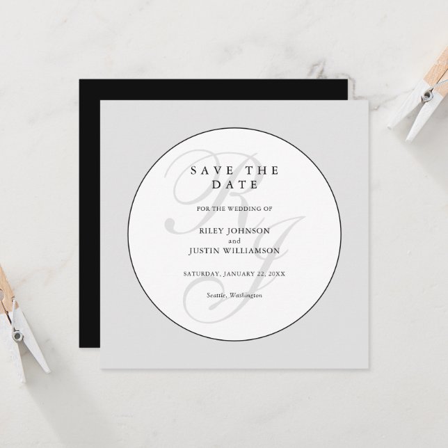 Chic Black and White Monogram Save the Date (Anverso/Reverso In Situ)