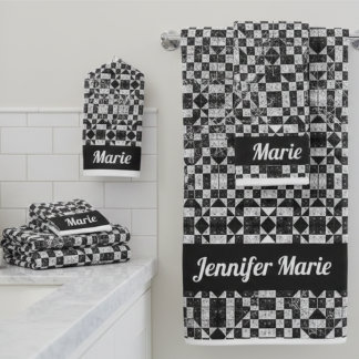 Chic Black & White Floral Checkerboard Custom Name