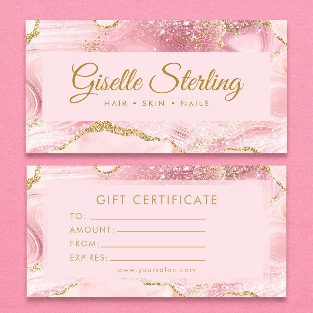 Chic Blush Pink Gold Agate Marble Gift Certificate (Subido por el creador)