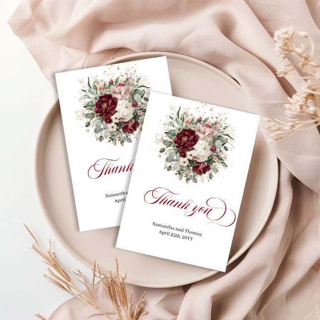 Chic Boho Borgoña Verde Dorado Agradecimiento Boda (Chic Boho Burgundy Greenery Gold Wedding Thank You Card)
