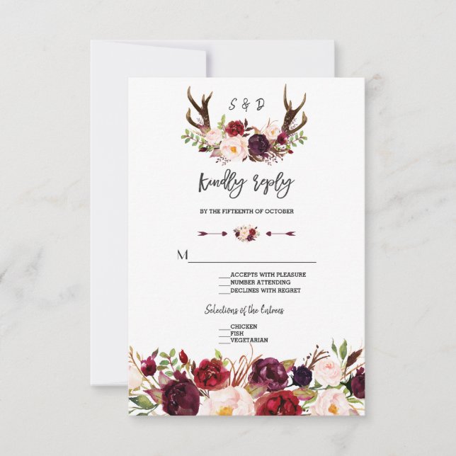 Chic Burgundy Floral Antlers Caligrafía RSVP (Anverso)