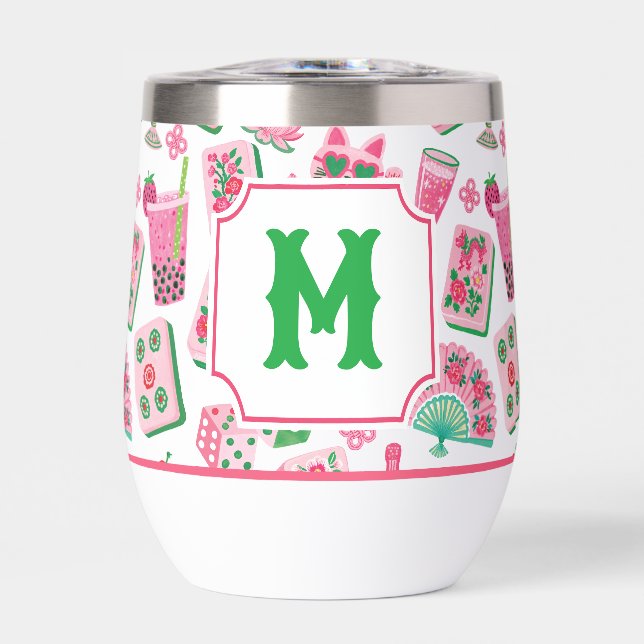 Chic Caprichoso Rosa y Verde Monograma de Fiesta d (Frente)