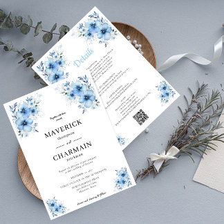 Chic Floral Azul Invitación de Boda Frente y Atrás