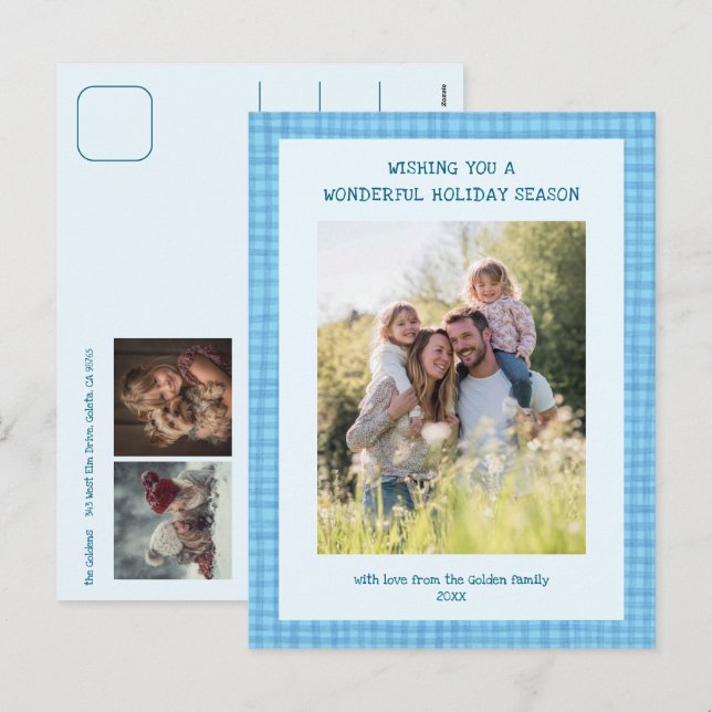 Chic Gingham Navidad Azul Personalizado 3 Foto (Anverso / Reverso)